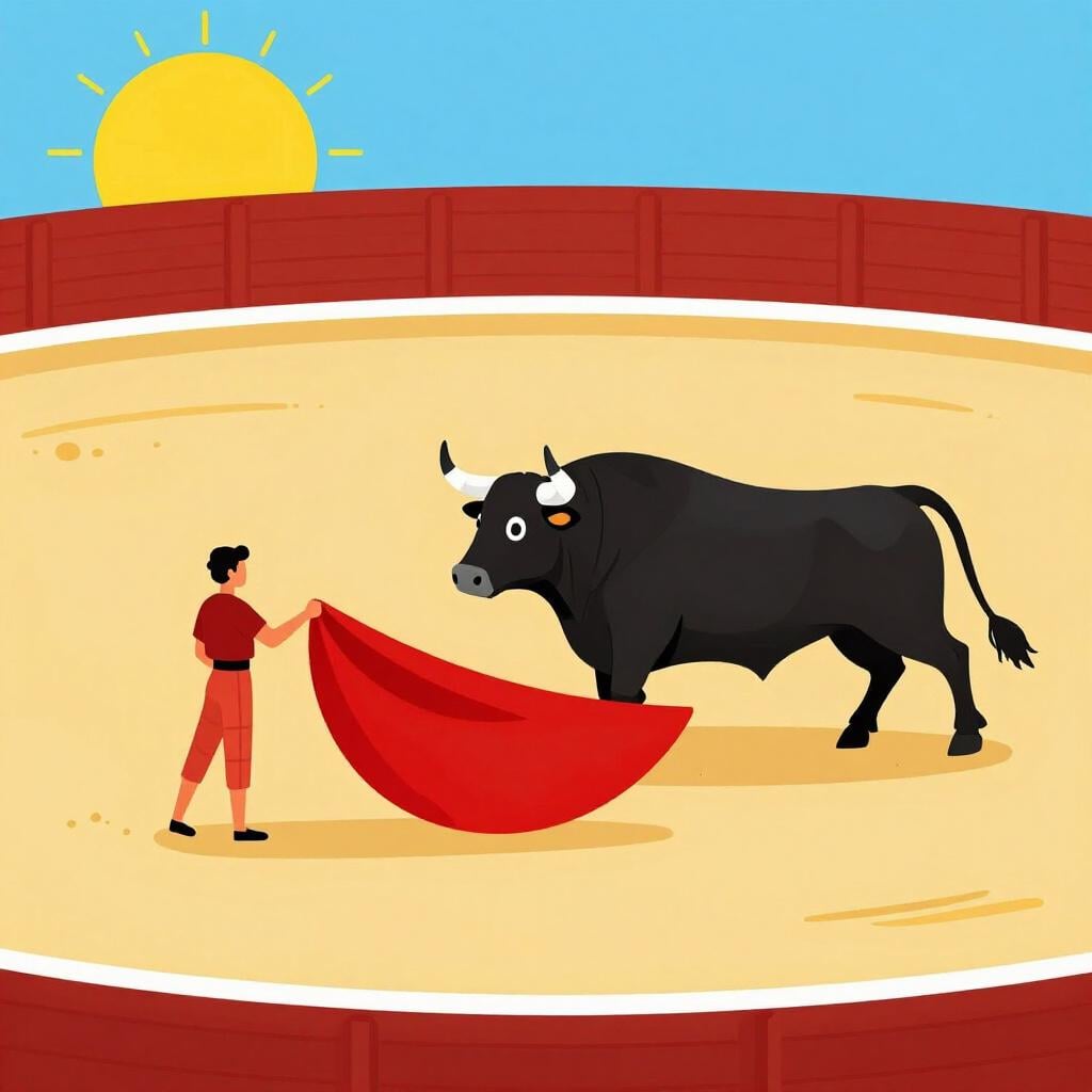 Un torero in un abito tradizionale bordato d'oro che tiene un grande mantello rosso mentre un toro lo carica in un'arena sabbiosa.