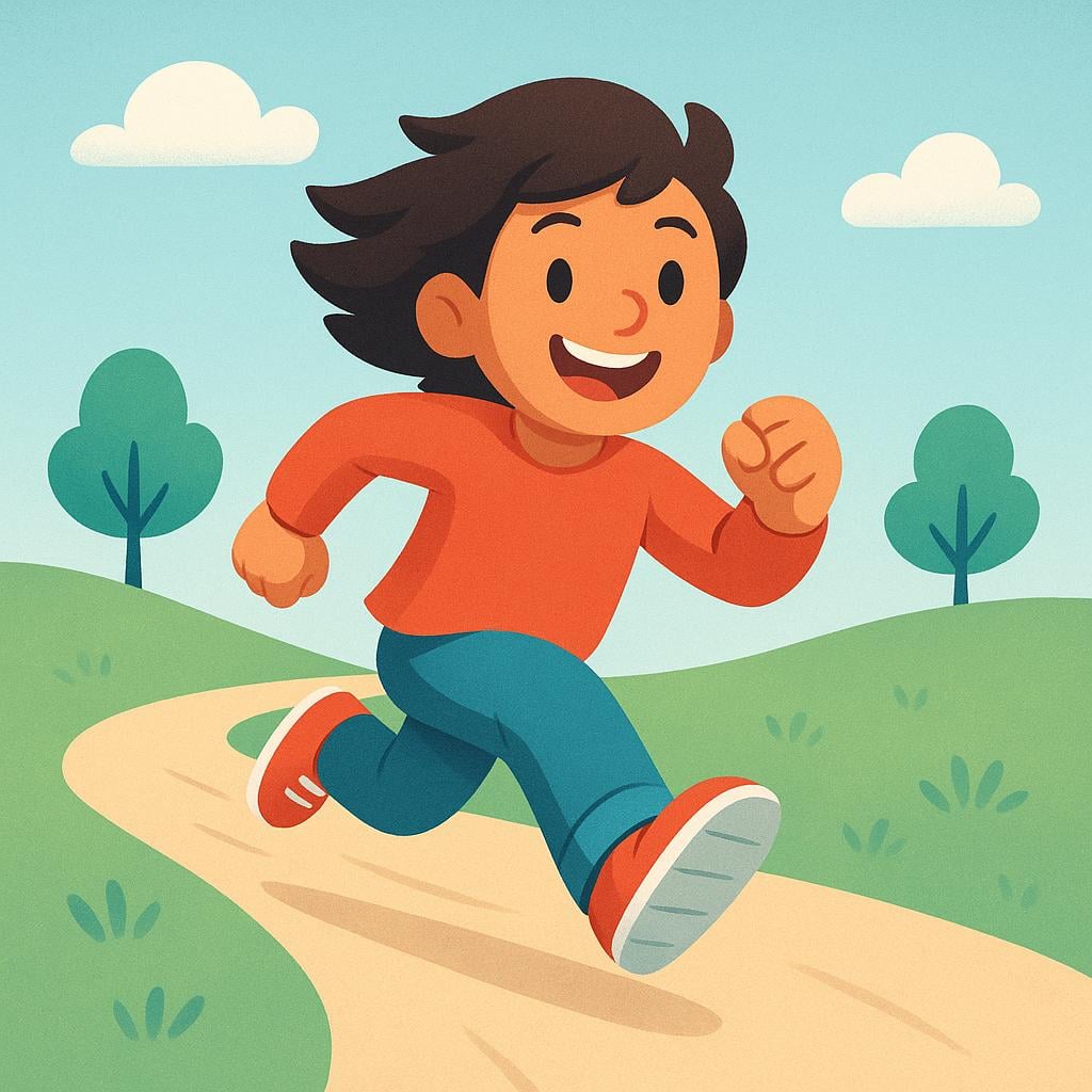 A stylized, cheerful character running directly toward the viewer, illustrating the action of coming or approaching.
