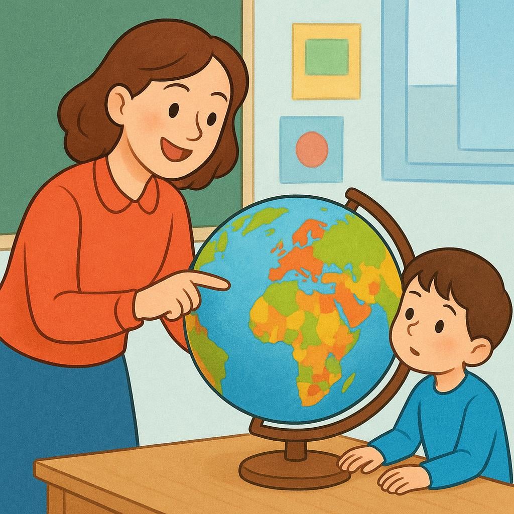 A storybook illustration showing a teacher pointing at a colorful globe while instructing a young student who is looking up attentively.