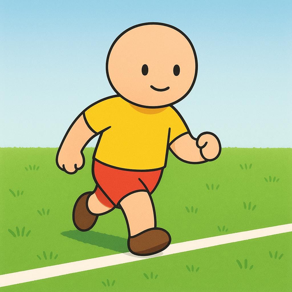 Een felgekleurde stripboekillustratie met een simplistisch personage dat de allereerste stap over een witte startlijn op een groen veld zet, wat het begin van een actie symboliseert.