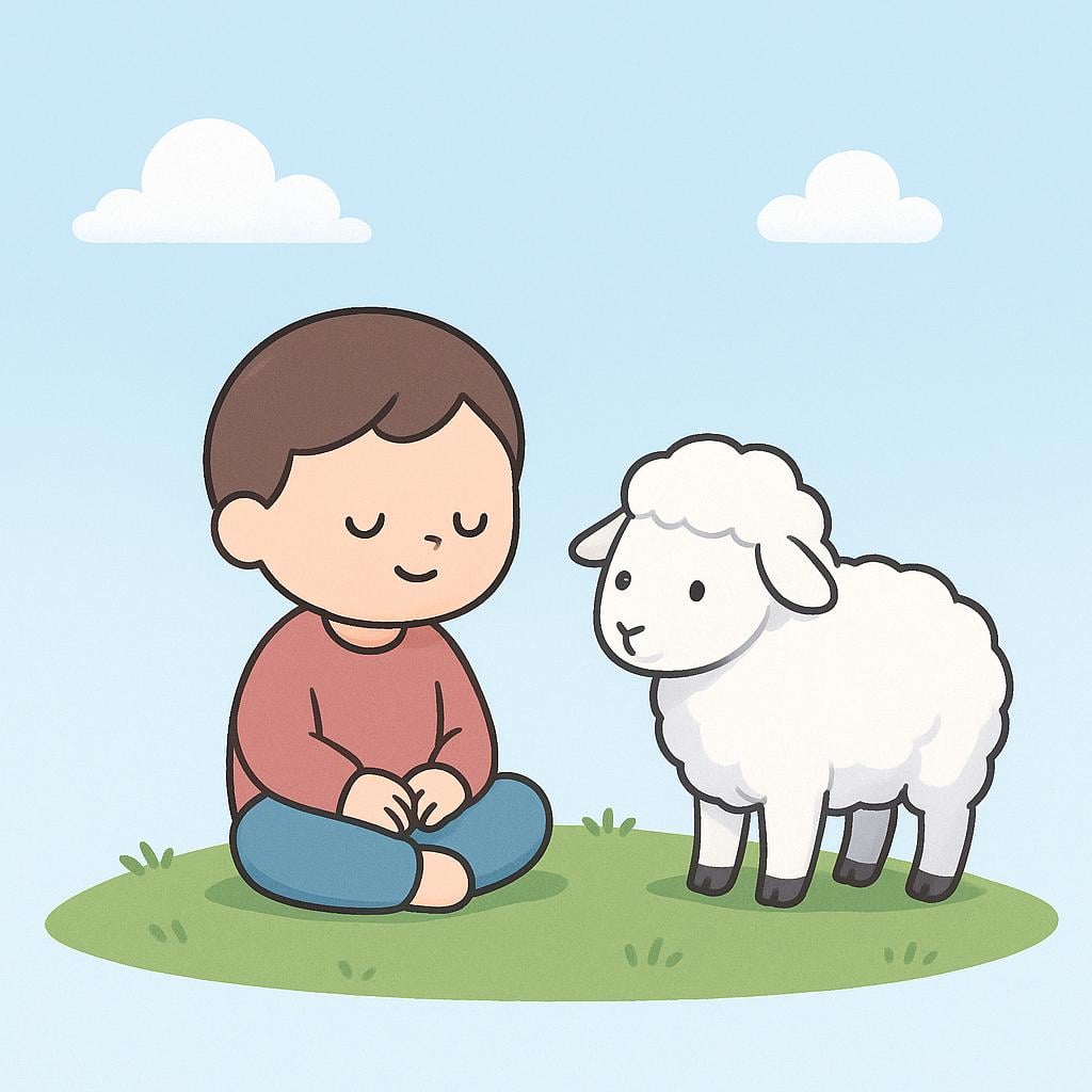 A storybook illustration of a small child sitting calmly beside a white lamb in a peaceful, bright garden.