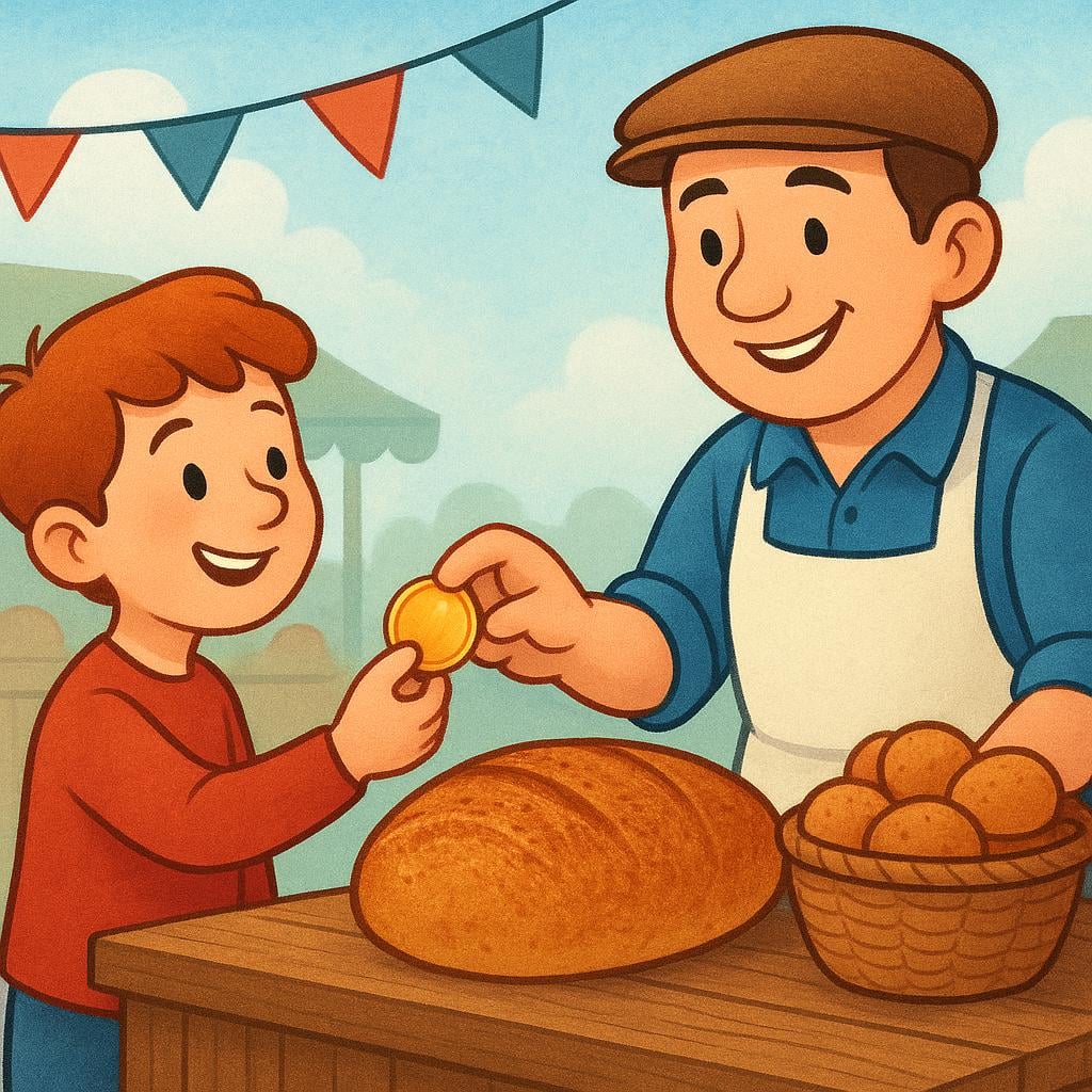 A cheerful customer exchanging a coin for a fresh loaf of bread with a smiling vendor behind a counter.