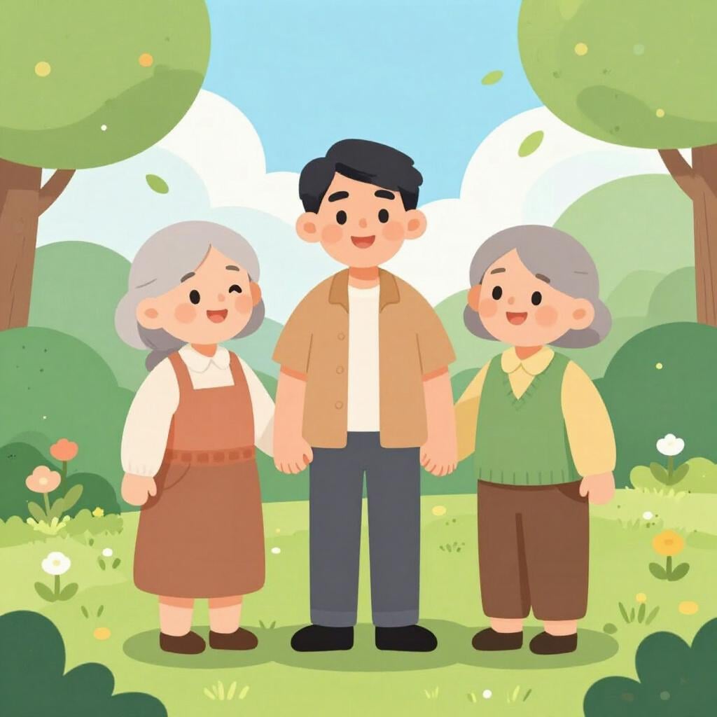 A smiling man standing between two happy older parents who are holding his hands in a garden.