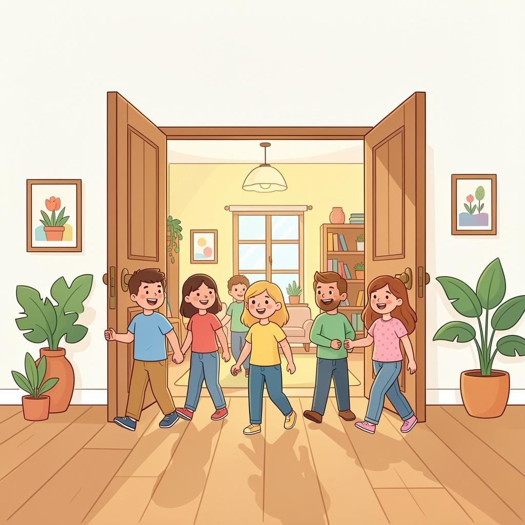 Un gruppo di persone che camminano insieme attraverso una porta aperta verso una stanza luminosa e colorata.