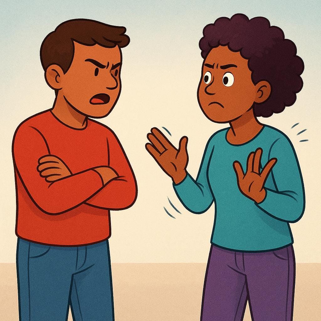 Two simple, colorful characters standing face to face, both looking frustrated and gesturing emphatically, visually representing an argument.