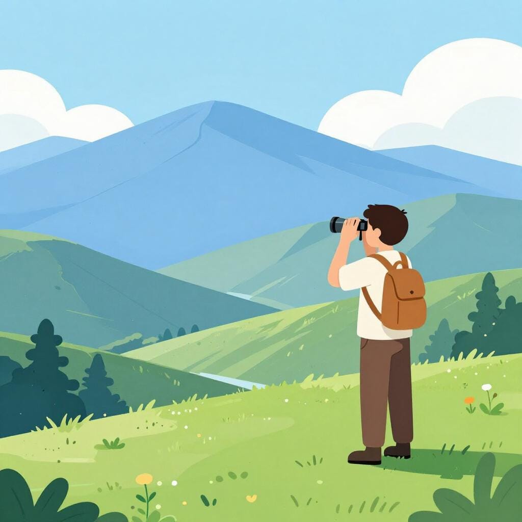 A person standing on a hill using binoculars to look at a distant mountain range.