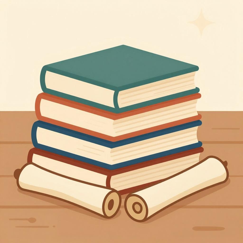 A stack of old leather-bound books and a family tree scroll on a wooden table.