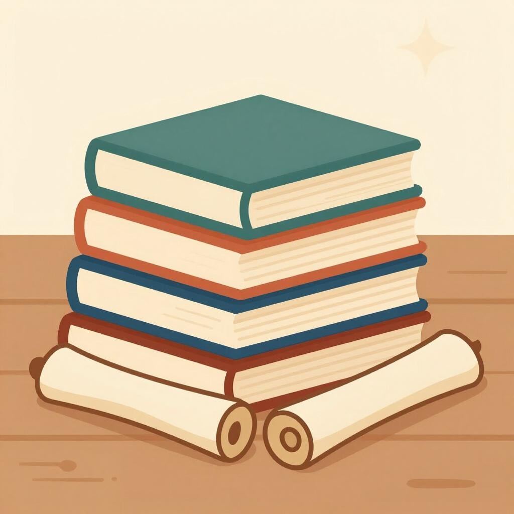 Una pila di vecchi libri rilegati in pelle e una pergamena con un albero genealogico su un tavolo di legno.