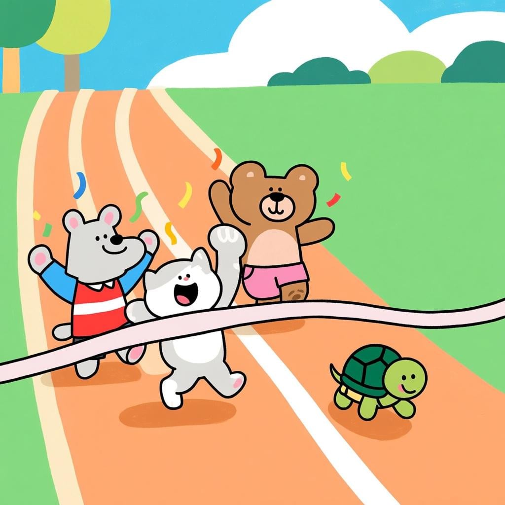 A simple race scene where three cartoon animals have crossed the finish line, and a small turtle is lagging far behind, about to cross the line.