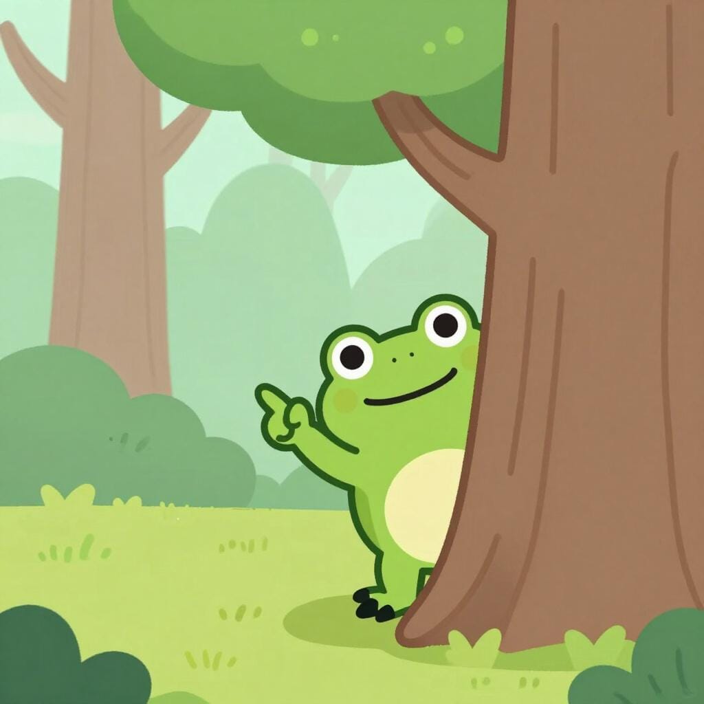 Un petit personnage ressemblant à une grenouille se cachant derrière un arbre, pointant un doigt vers un autre personnage.