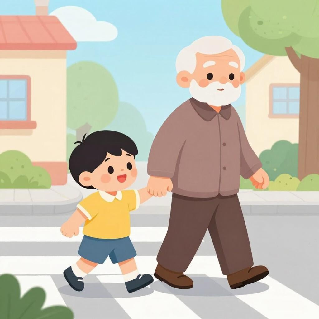 A child helping an elderly person cross the street with a kind smile.