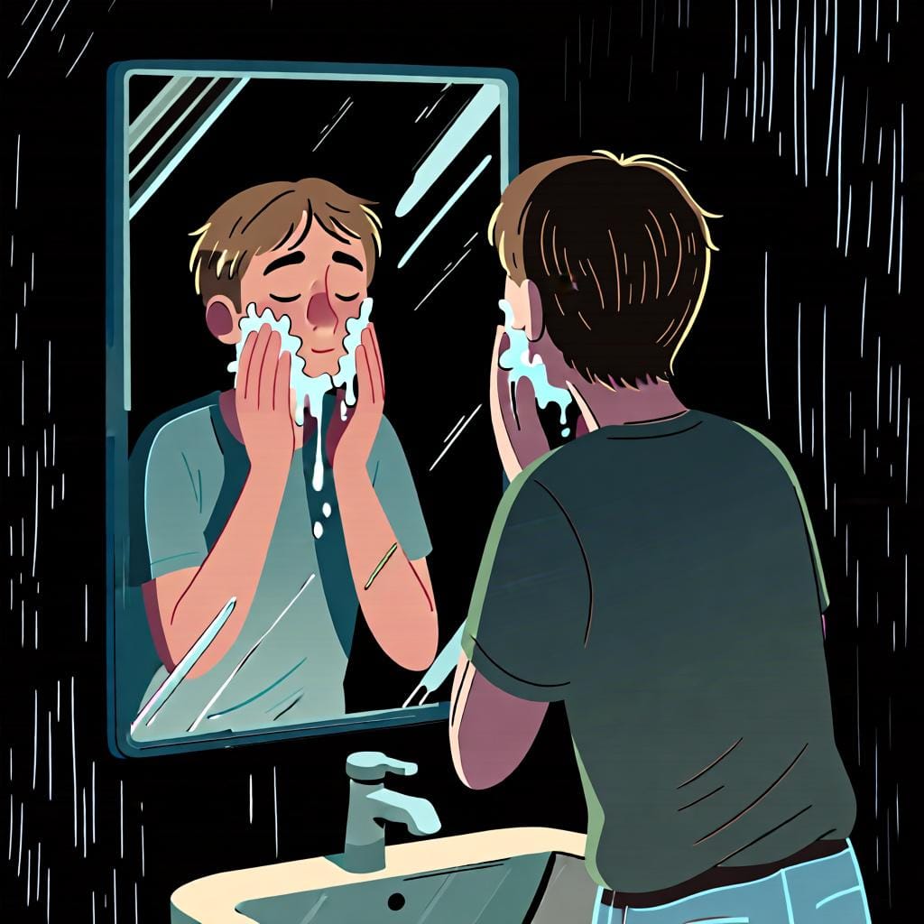 An illustration of a person looking in a mirror and washing their own face, showing an action done to oneself.