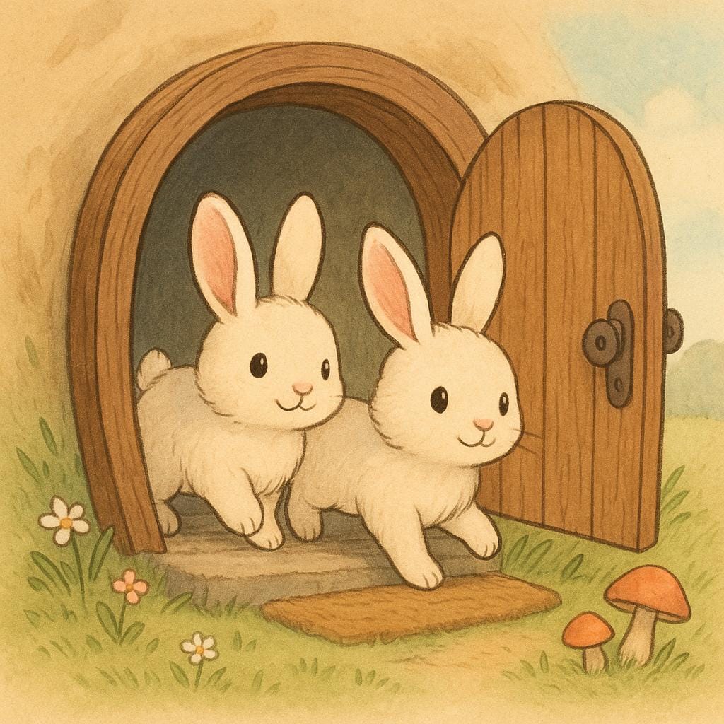 Two small brown rabbits are stepping across the threshold of an open wooden door leading into a dark burrow, illustrating movement into a space.