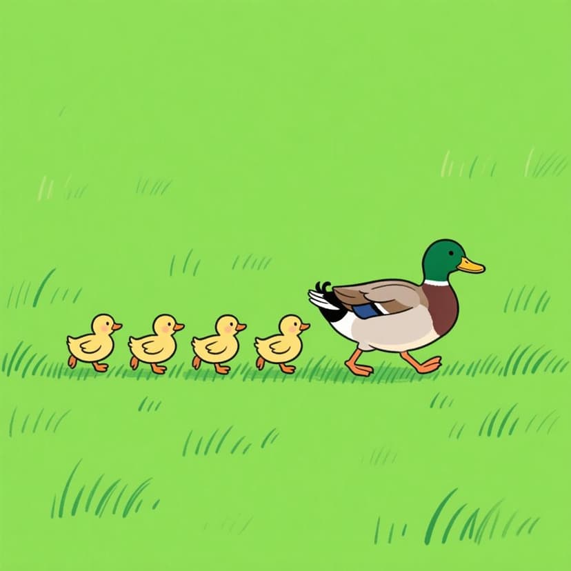 A mother duck walking across a green meadow with five small ducklings waddling in a perfect single-file line directly behind her.