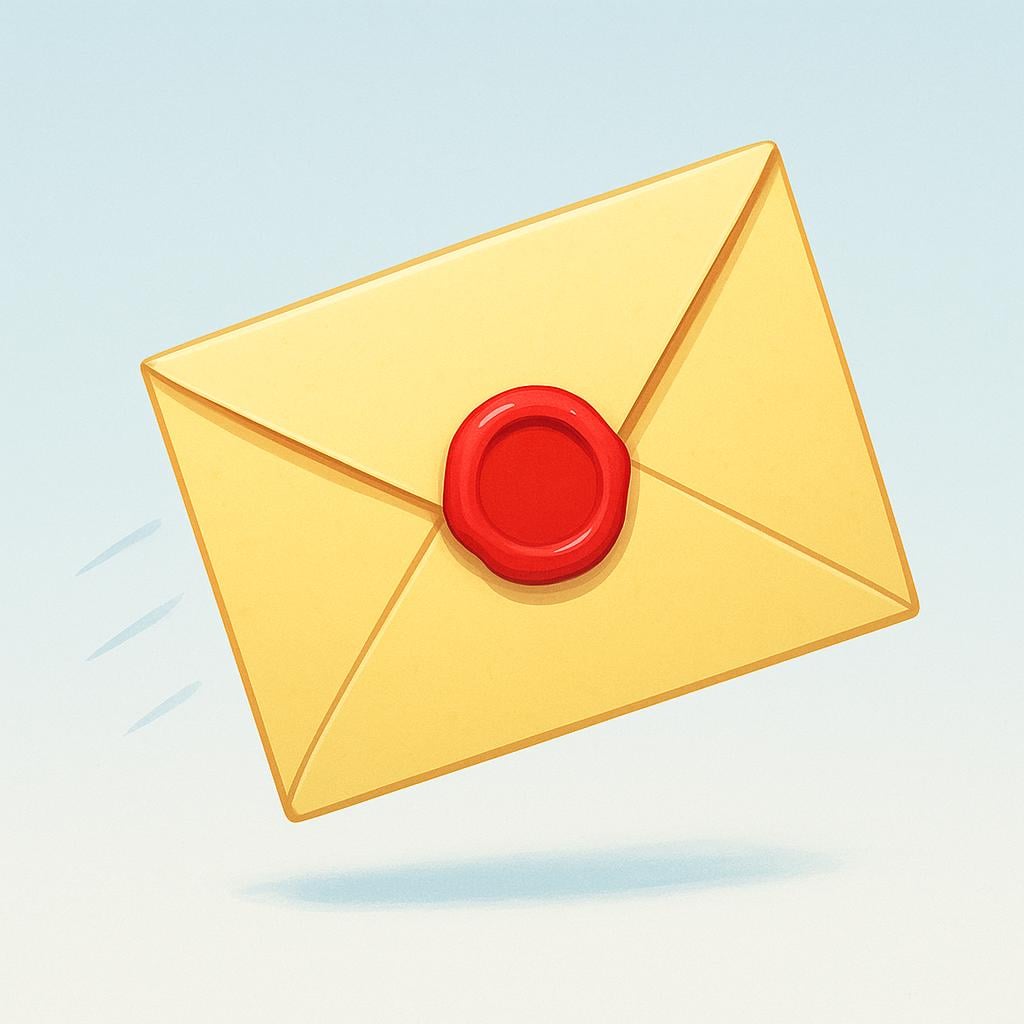 A simple storybook illustration of an isolated yellow sheet of paper, folded once, with a bright red seal in the center, depicted mid-flight, suggesting urgent delivery.