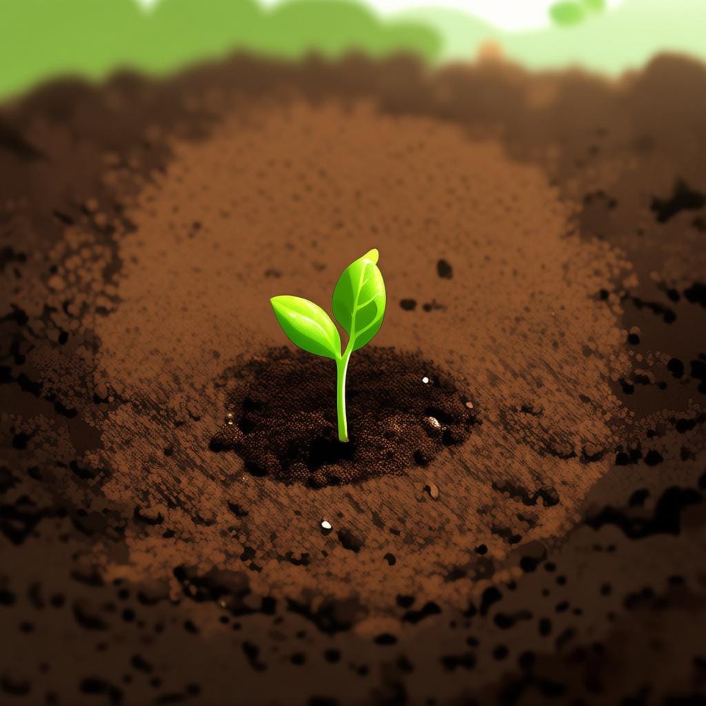 A close-up view of dark, rich, fertile soil with a tiny green seedling sprouting upwards, illustrating the concept of dirt or earth.
