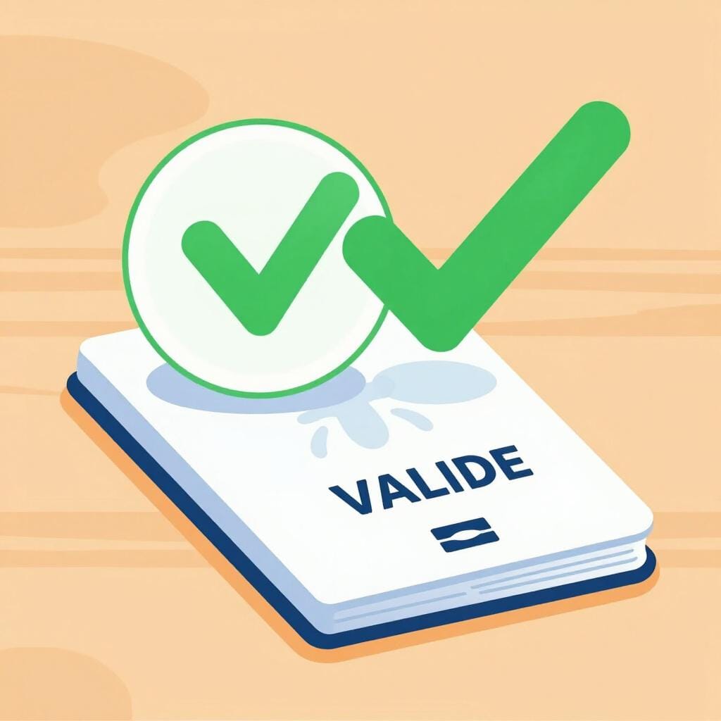 A colorful official passport with a bright green checkmark placed next to it on a clean wooden table.