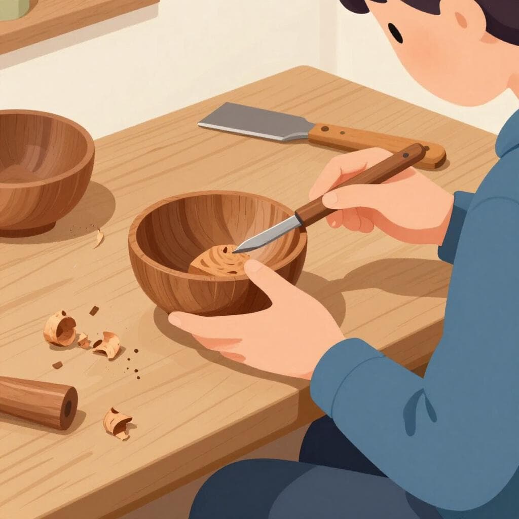 A person sitting at a wooden workbench, carefully carving a small wooden bowl with a handheld tool.