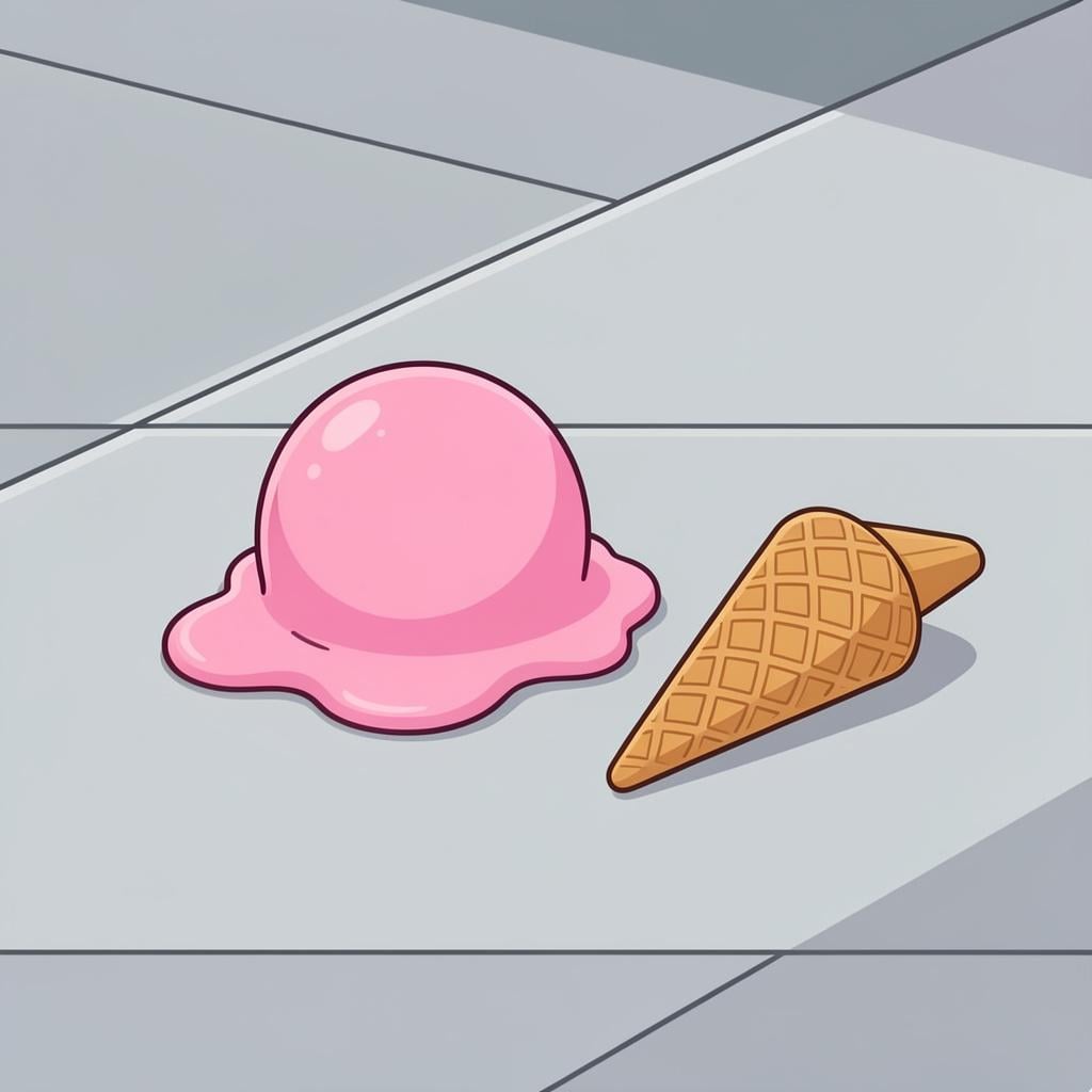 A high-quality storybook illustration of a melting ice cream cone on the ground.