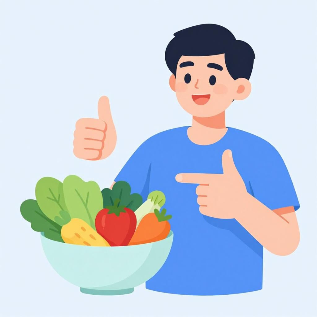 A friendly person giving a thumbs up next to a bright green bowl of fresh salad.