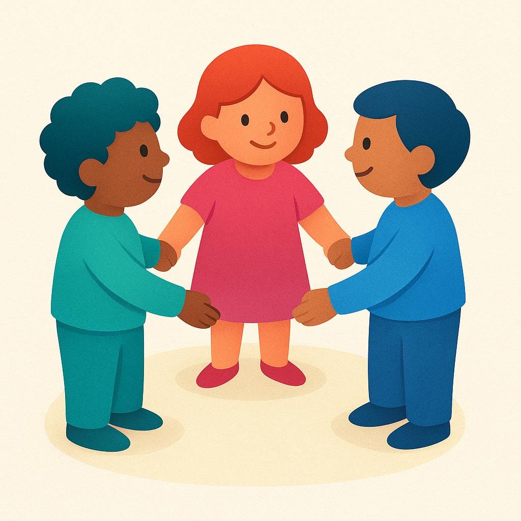 Three colorful, stylized figures (people) standing in a circle and holding hands, illustrating community and social connection.