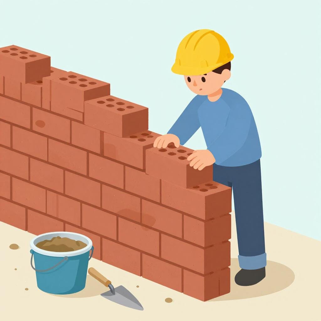 A construction worker stacking red bricks with a trowel to build a wall.