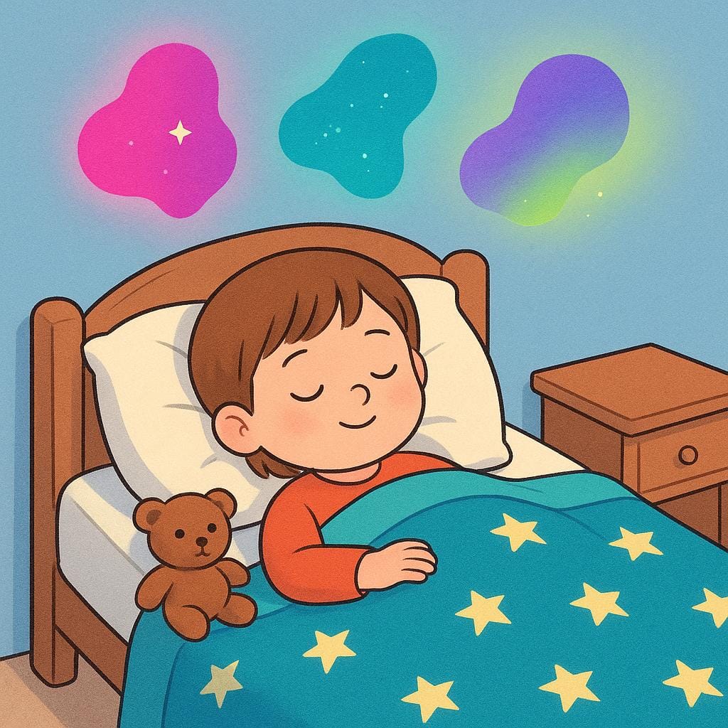 A sleeping child lying in a simple bed, with colorful, whimsical shapes representing dreams floating gently above their head.