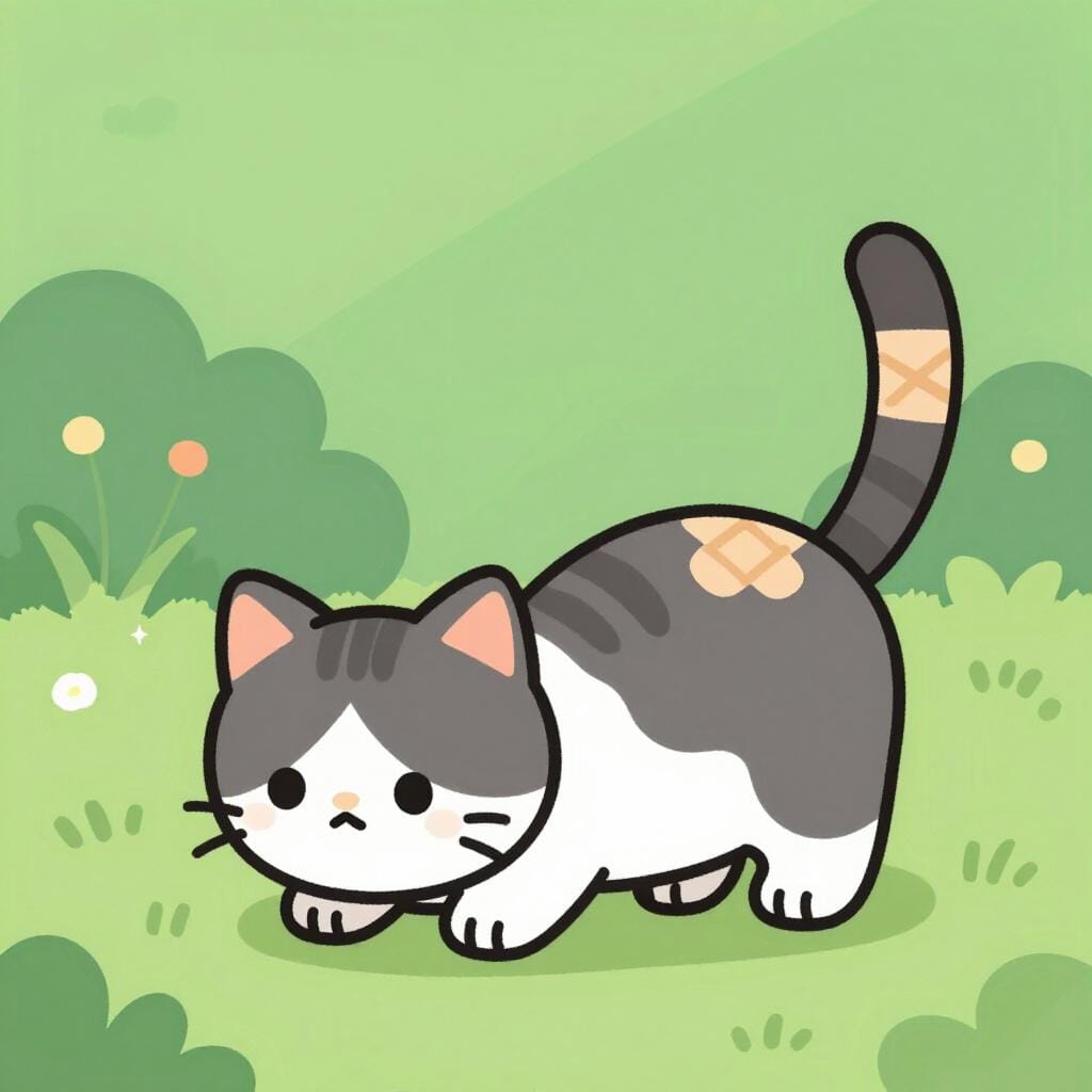 A sad cat with a bandaged tail sitting alone while others play.