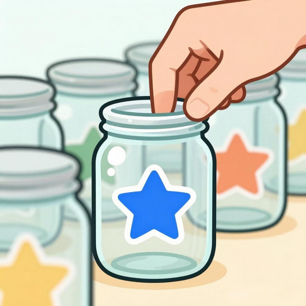 A person placing a small colorful sticker onto a large glass jar to sort it into a group.