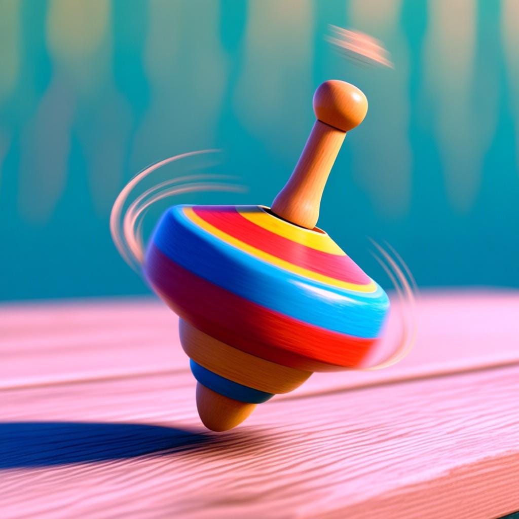 A colorful wooden spinning top actively rotating on a flat surface, illustrating a turn or rotation.