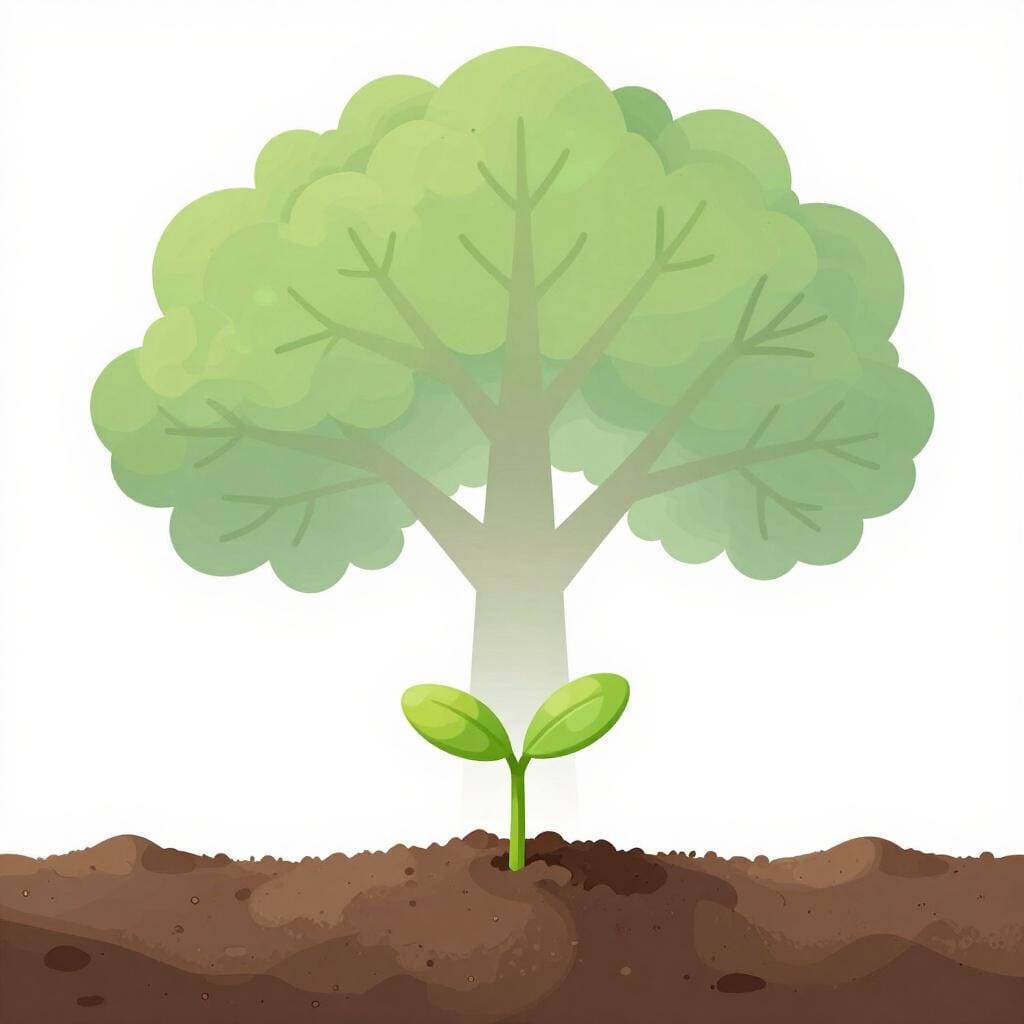 A small green sapling growing out of the soil, with a faint, large shadow of a tall oak tree behind it.
