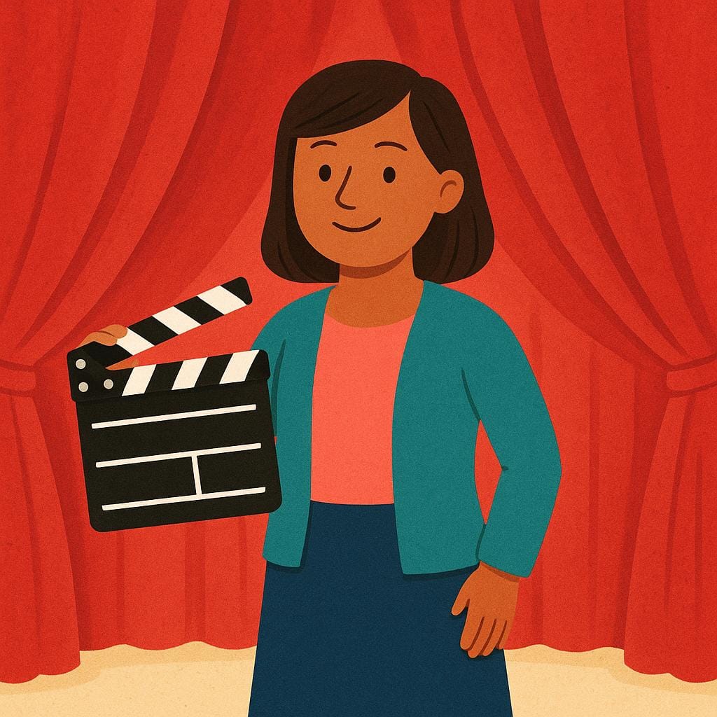 A woman standing in front of a brightly lit stage curtain, holding a classic black and white striped film clapperboard in her hand.