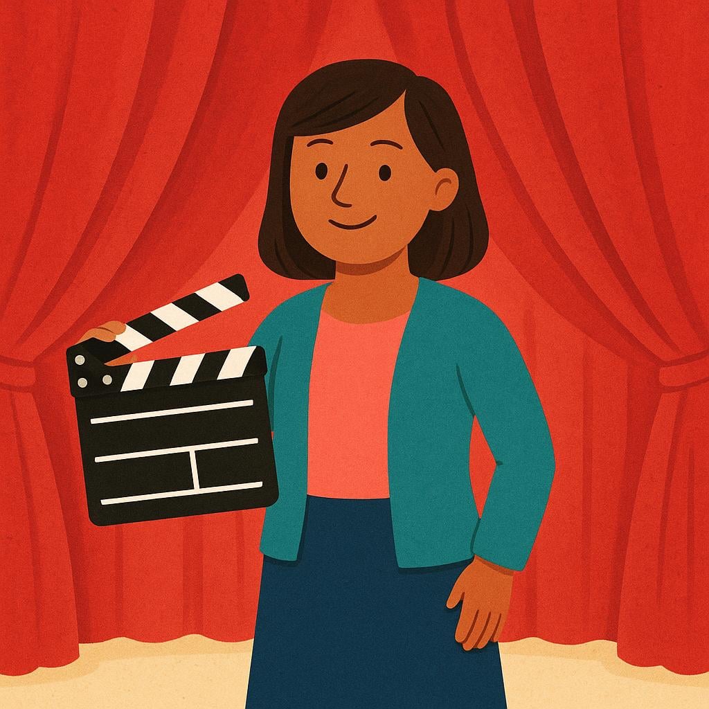 A woman standing in front of a brightly lit stage curtain, holding a classic black and white striped film clapperboard in her hand.