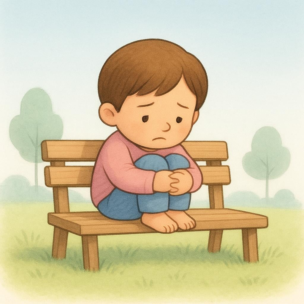 A storybook illustration of a small child sitting alone, hugging their knees, looking down with a slight frown, conveying worry.