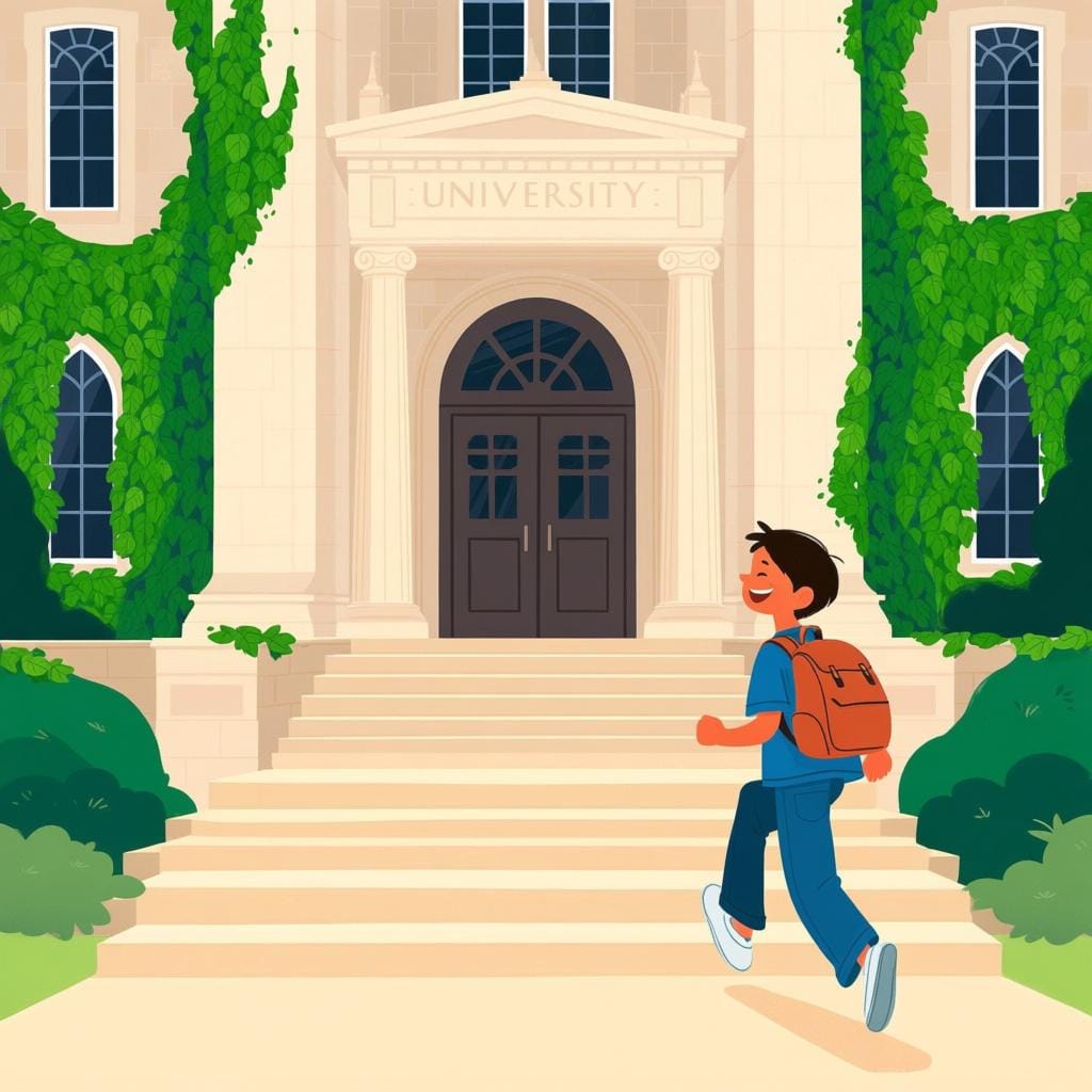 A student walking toward a university building, symbolizing the start of their education.