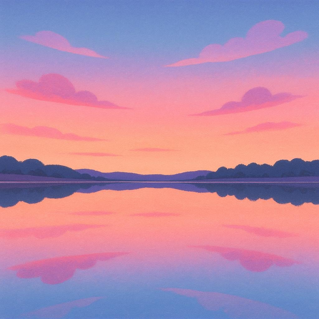 A scene depicting extreme calmness: a perfectly still, glassy lake surface reflecting a peaceful, colorful sunset sky with soft clouds. The reflection is clear and undisturbed.