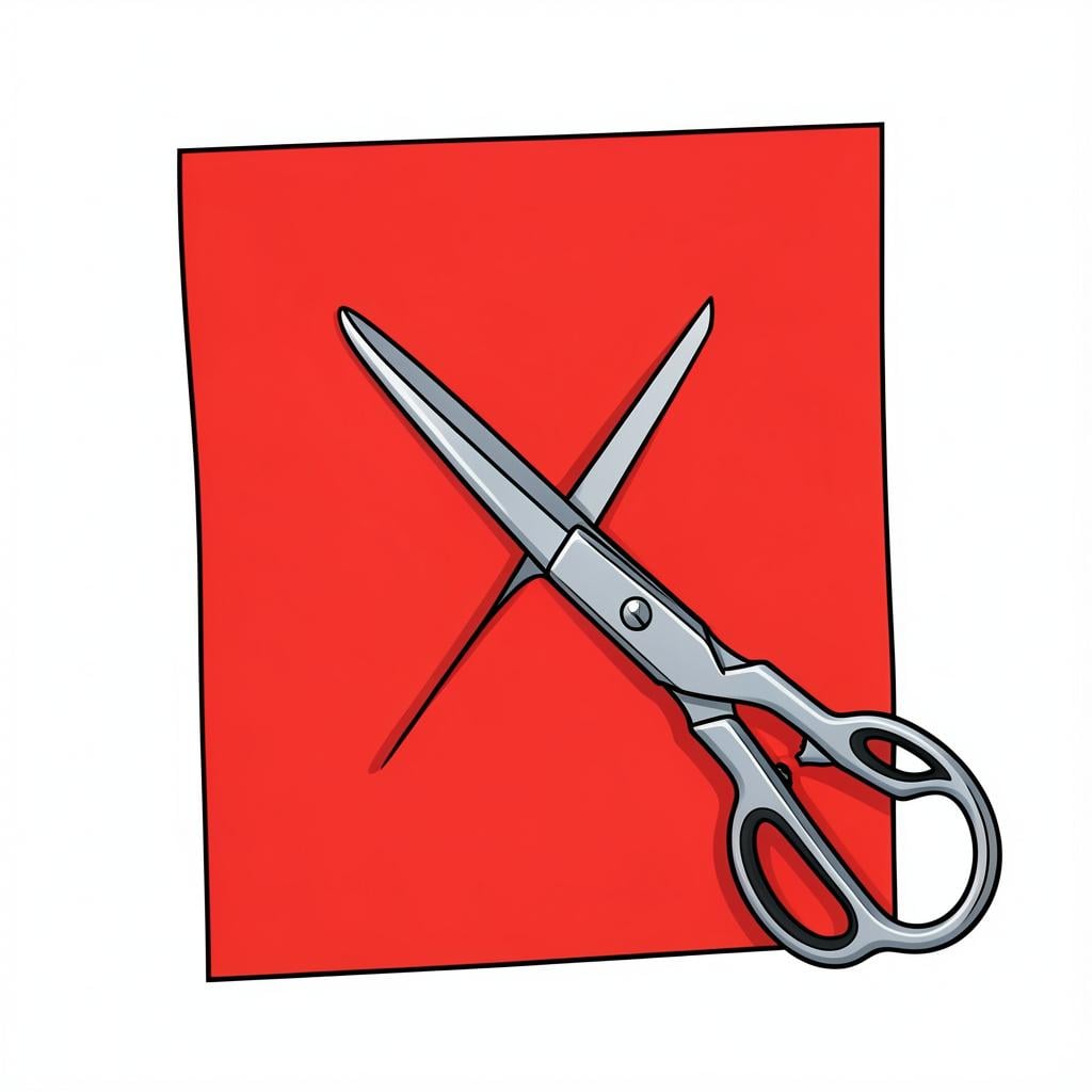 A pair of silver scissors slicing through a piece of bright red paper in a straight line.