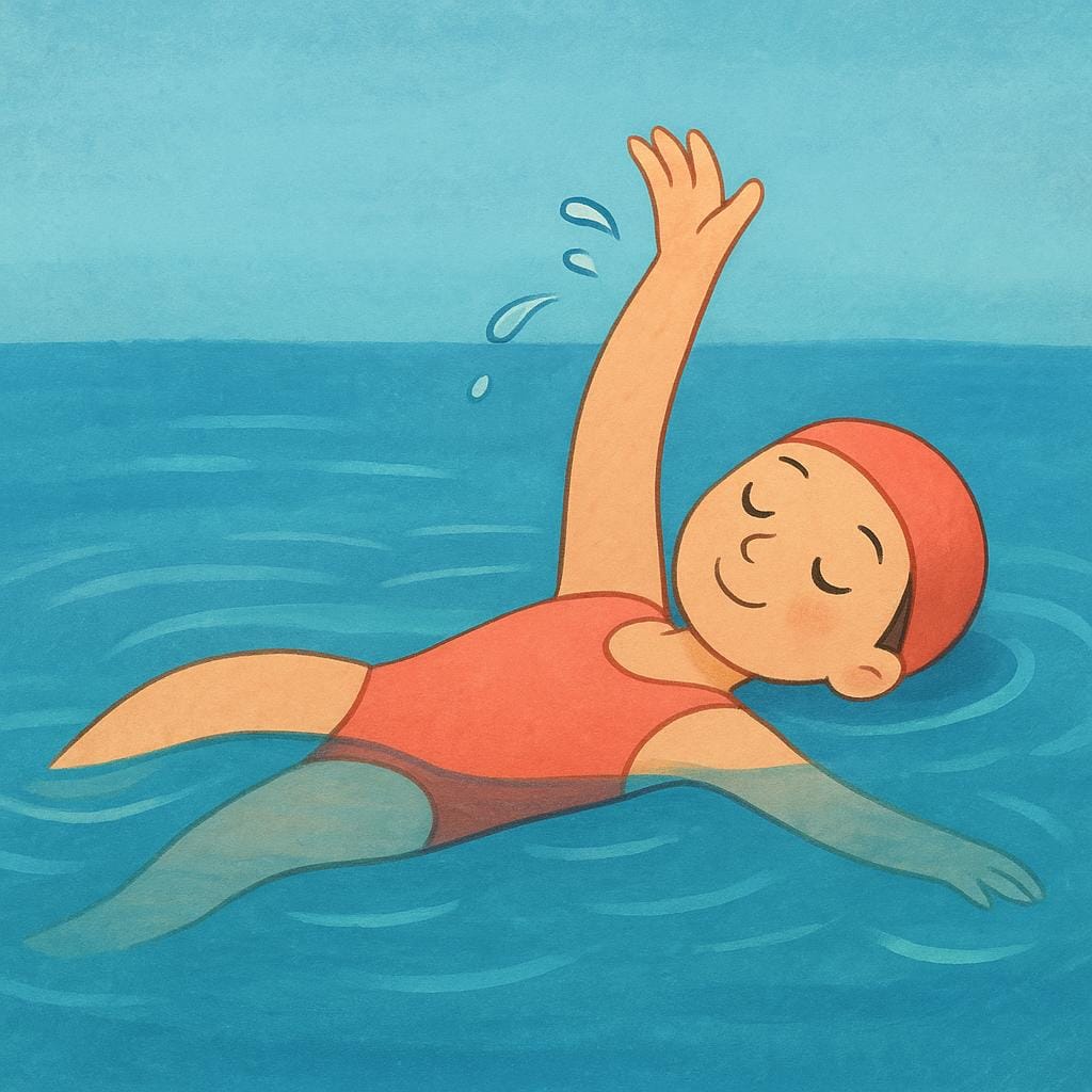 A storybook illustration of a swimmer lying on their back in blue water, performing the backstroke swimming style.