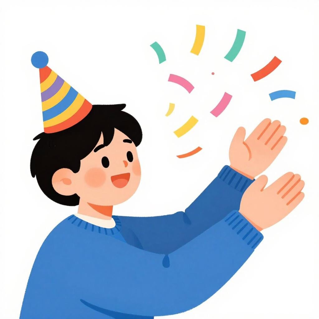 A person wearing a party hat, smiling and throwing colorful confetti into the air.