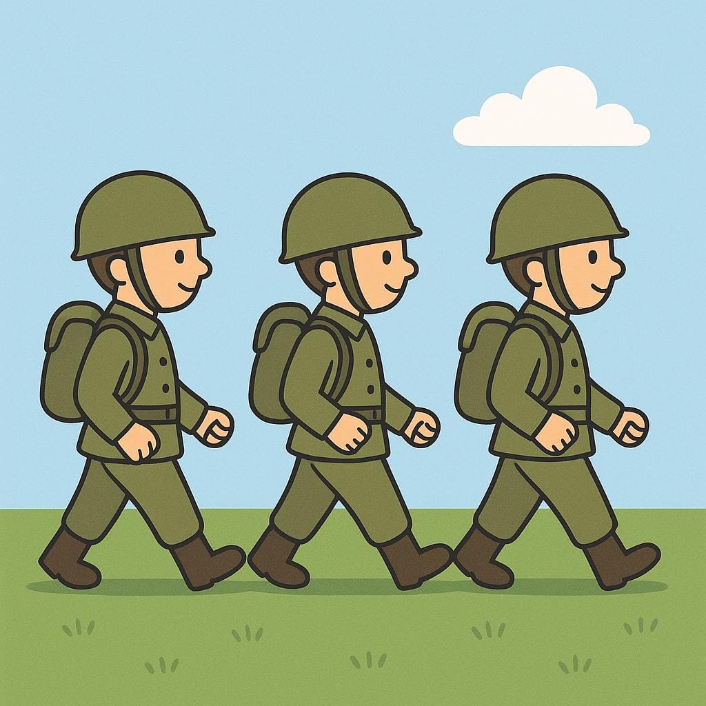 Three cartoon soldiers in green uniforms and helmets marching in formation across a simple green field.