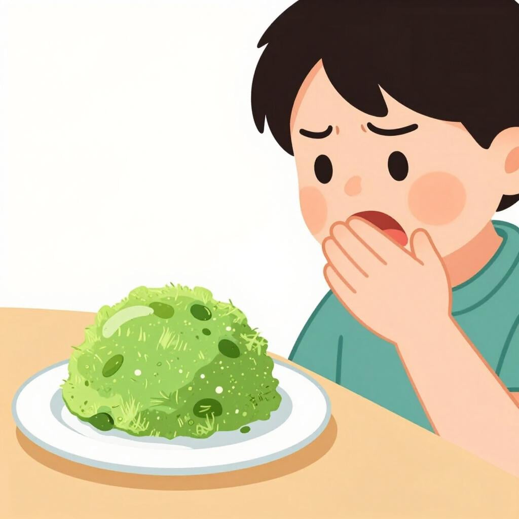 A person looking at a plate of spoiled, green, moldy food with a hand over their mouth.