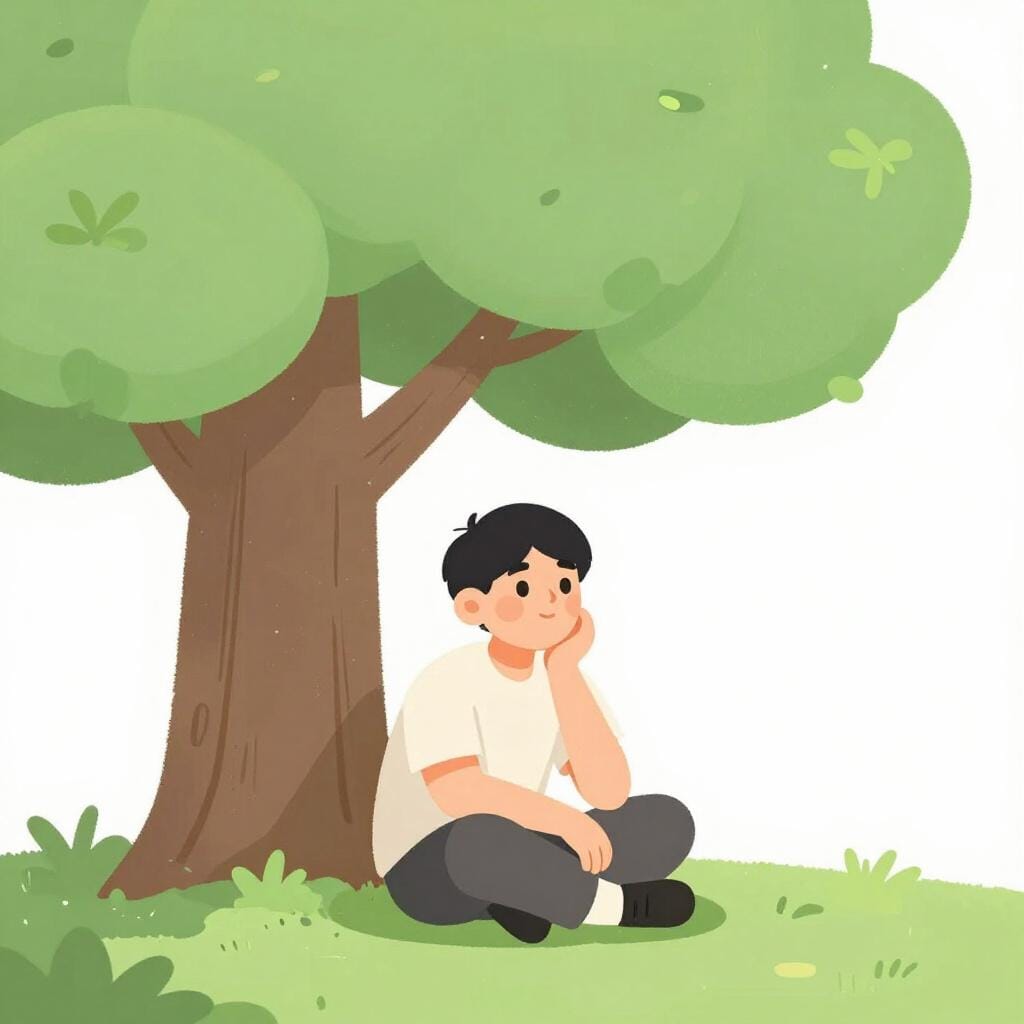 木の下に座り、手を顎に当てて、考え込んでいる人。