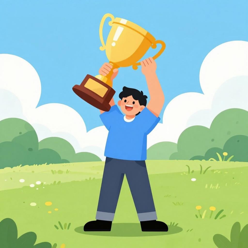 A person smiling while holding a large, shiny golden trophy in a bright field.