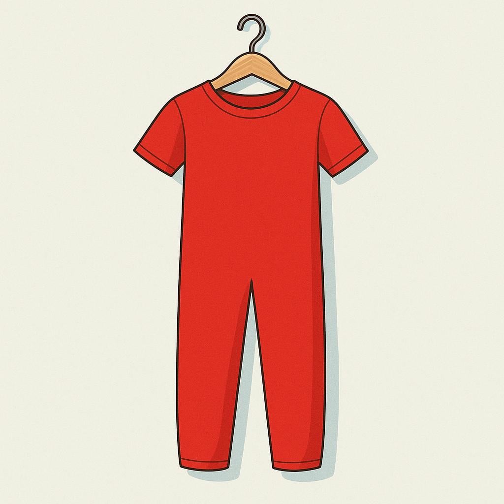 A simple, bright red, full-length jumpsuit hanging neatly on a wooden clothes hanger.