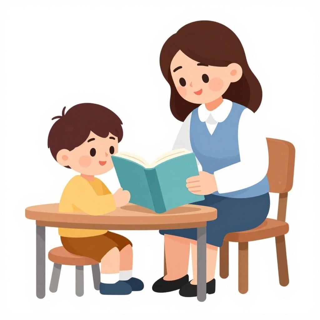 Een leraar zit naast een student en wijst naar een boek om hen te helpen leren.