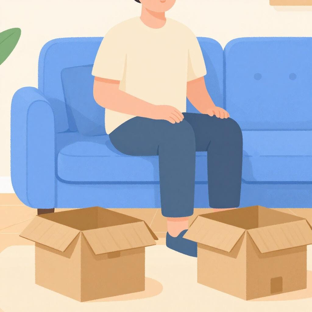 A person happily sitting on a sofa in a new living room surrounded by a few cardboard boxes.