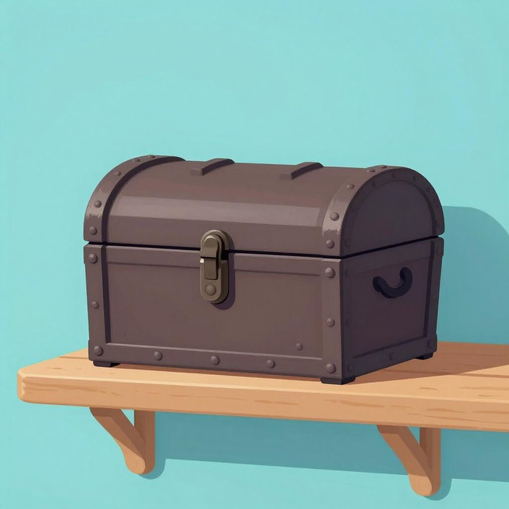 A heavy metal treasure chest sitting securely on a wooden shelf, locked tight.