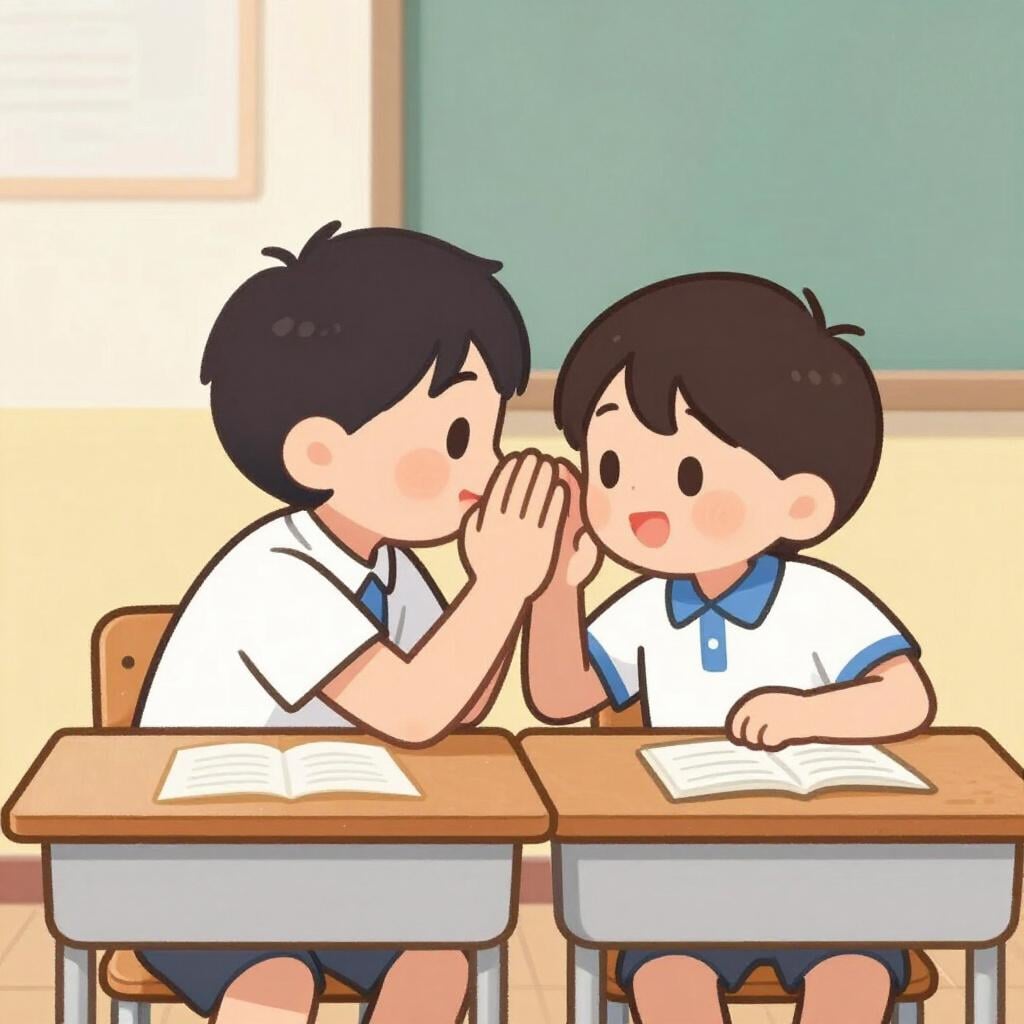 One student leaning towards another student's ear to quietly share a secret.