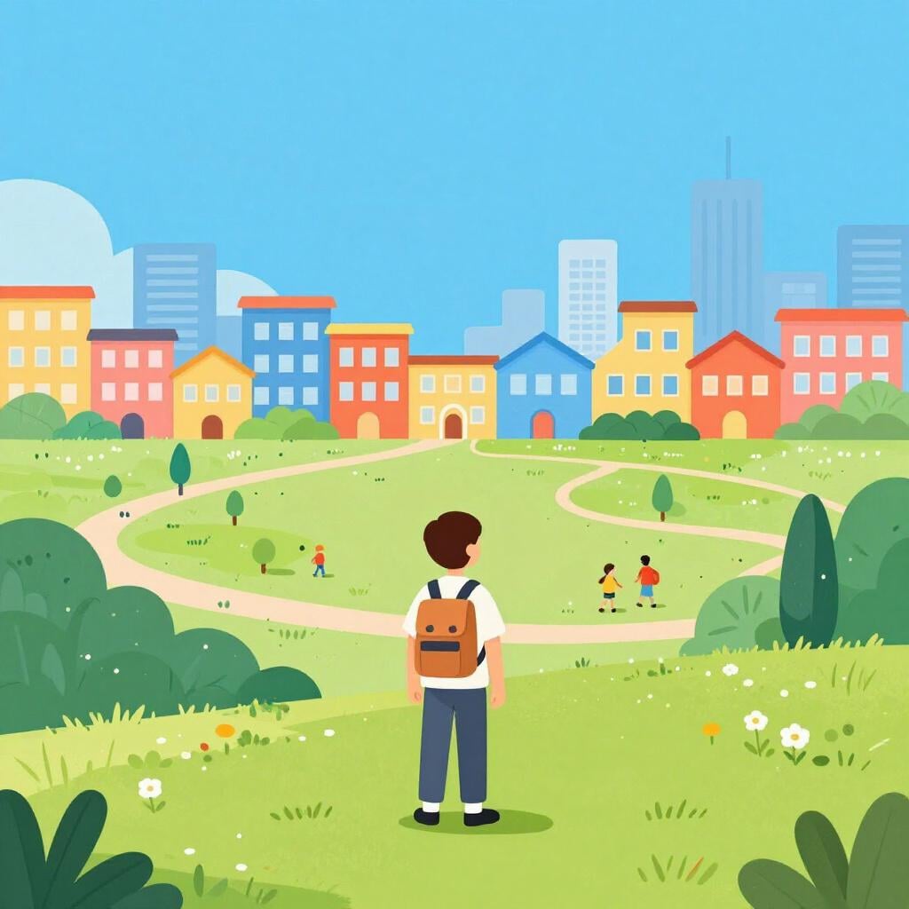 A person standing on a hill looking happily at a beautiful, colorful city skyline under a bright sun.