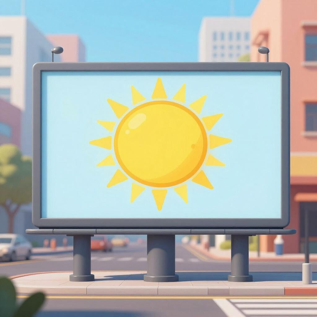 Een kleurrijke billboard aan een stadsstraat met een heldere, lachende zon.